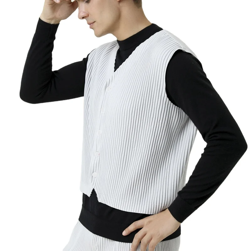 FXZ hot sale high quality single breasted 100% polyester pleated men waistcoat fashion pleated man vest