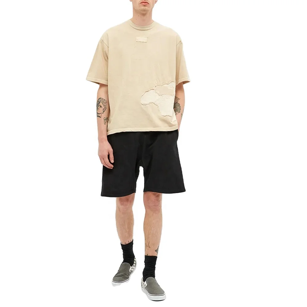Crewneck Fashion Custom Logo Men Loose Tshirts Patchwork 100% Cotton Distressed Casual Vintage Men Short Sleeve T Shirt