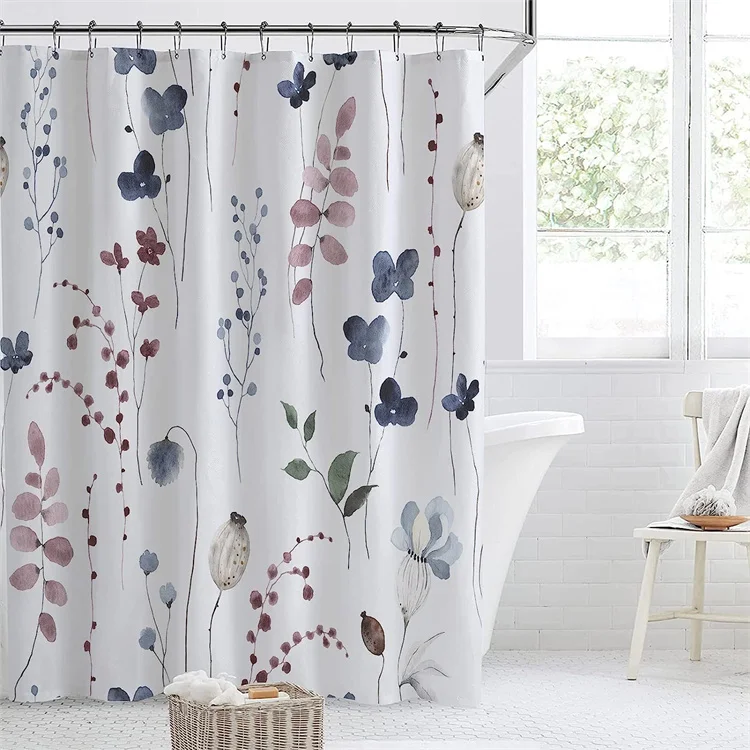 72x72 Inches Ink Blue Floral Shower Curtain Waterproof Fabric Modern Minimalist Art Bath Curtain with 12 Hooks for Bathroom