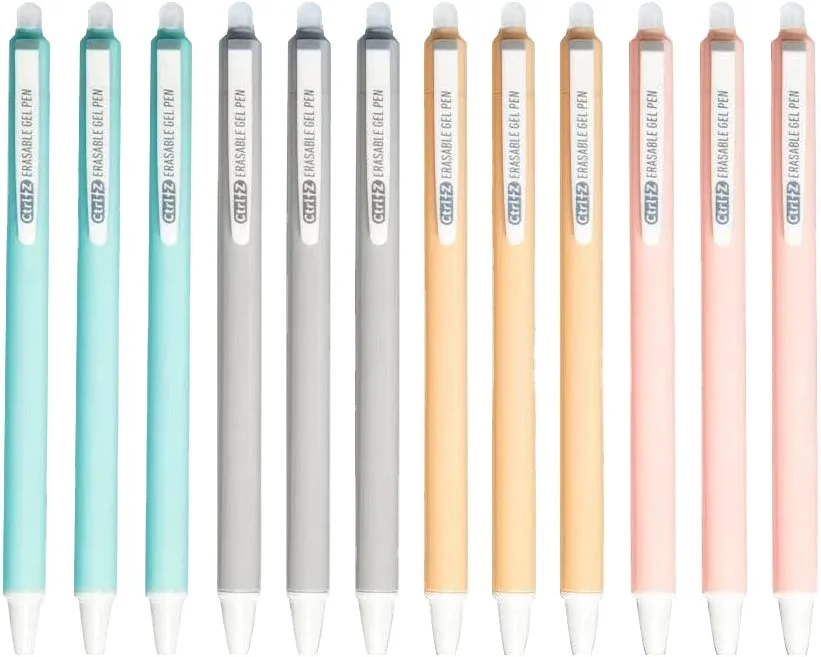 KUKI 12pcs Erasable Pen Cute Refillable & Retractable Gel Ink Pens Pastel Pens Barrel Premium Fine Writing