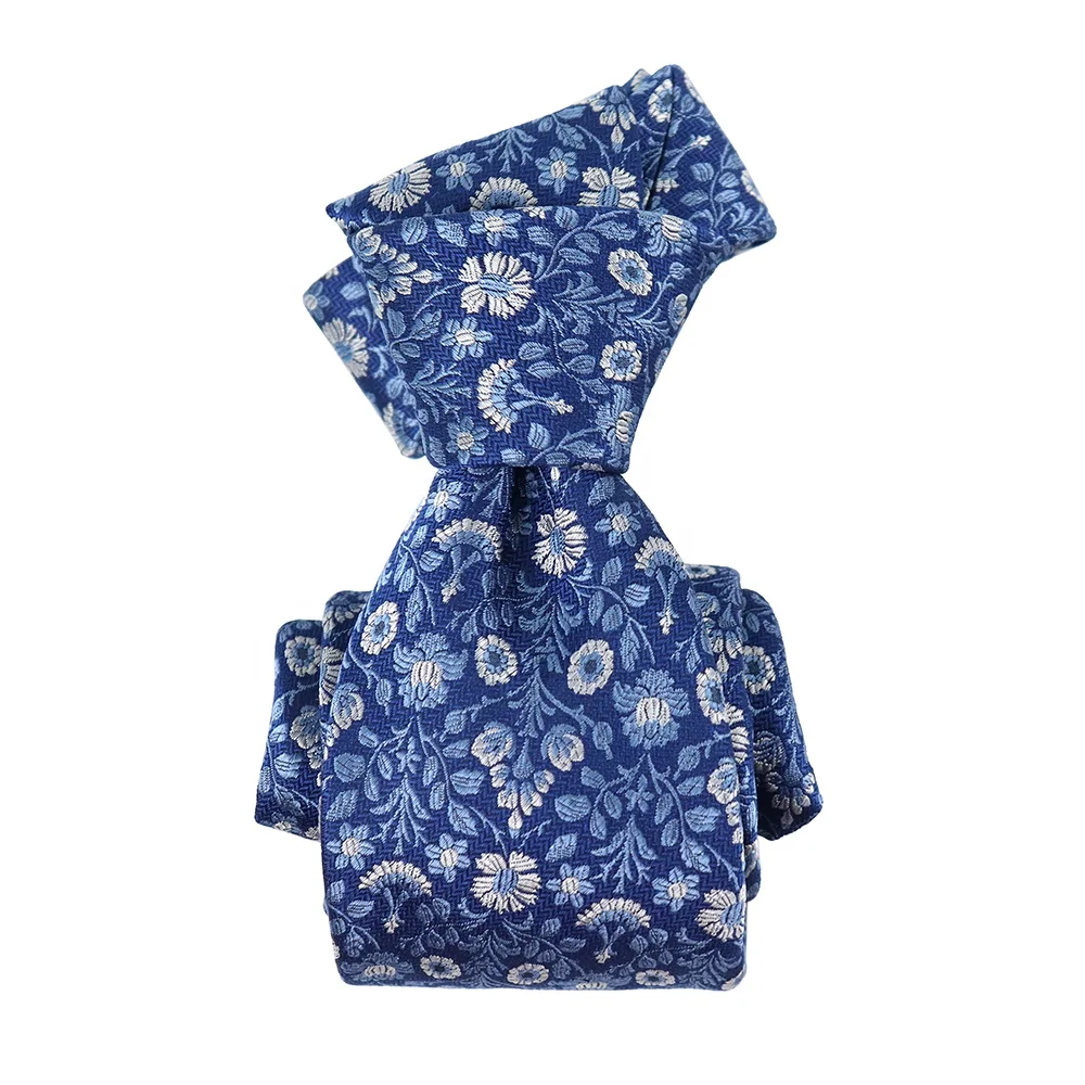 Gentlemen Blue Flower Woven Patterns Custom Neck Ties Hand Stitching 7 Fold Natural Silk Tie for Men Suit