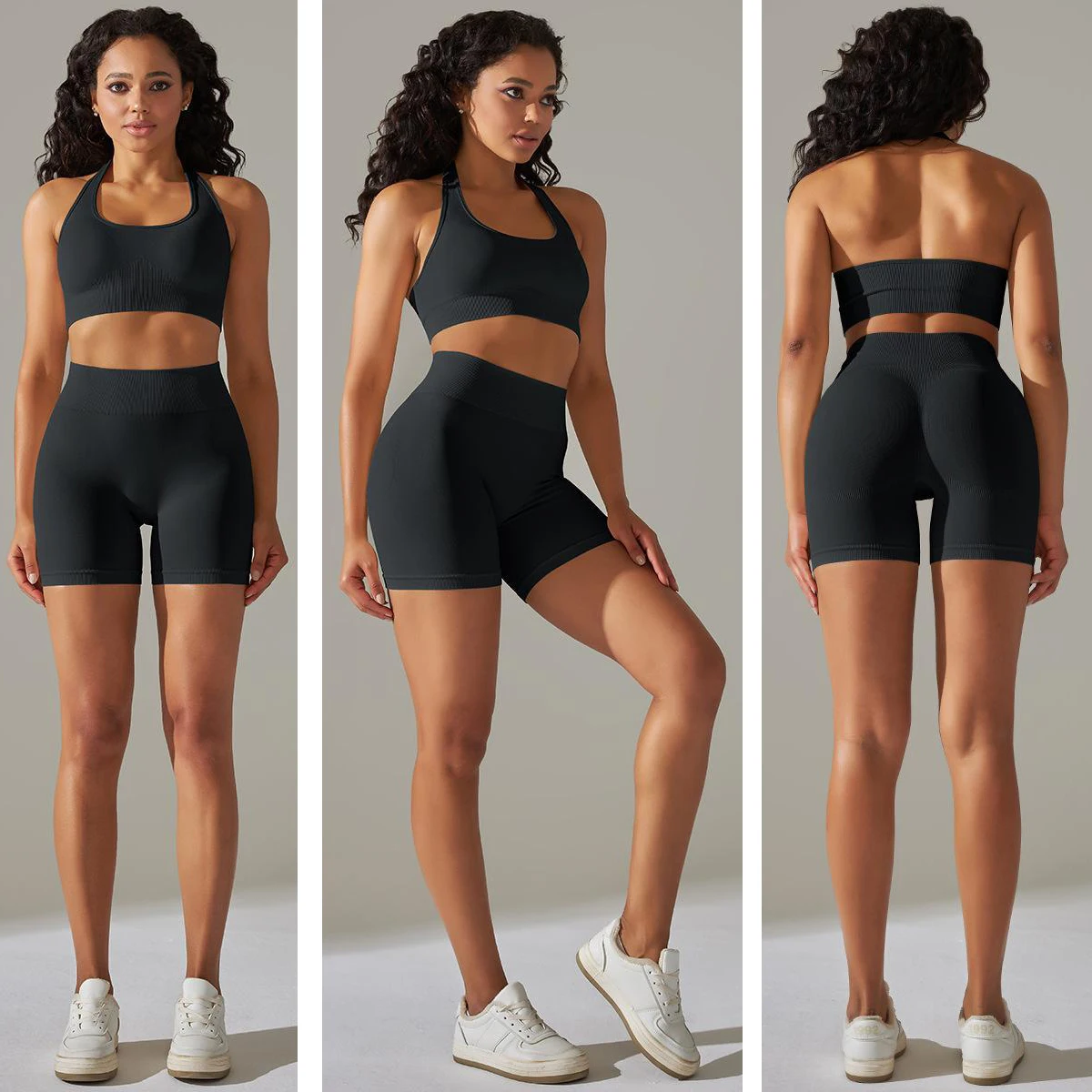 Custom Logo New Arrival Workout Clothing Activewear Fitness Backless Sexy Halter Neck/Open Back Cross Sports Bra Active Wear Set