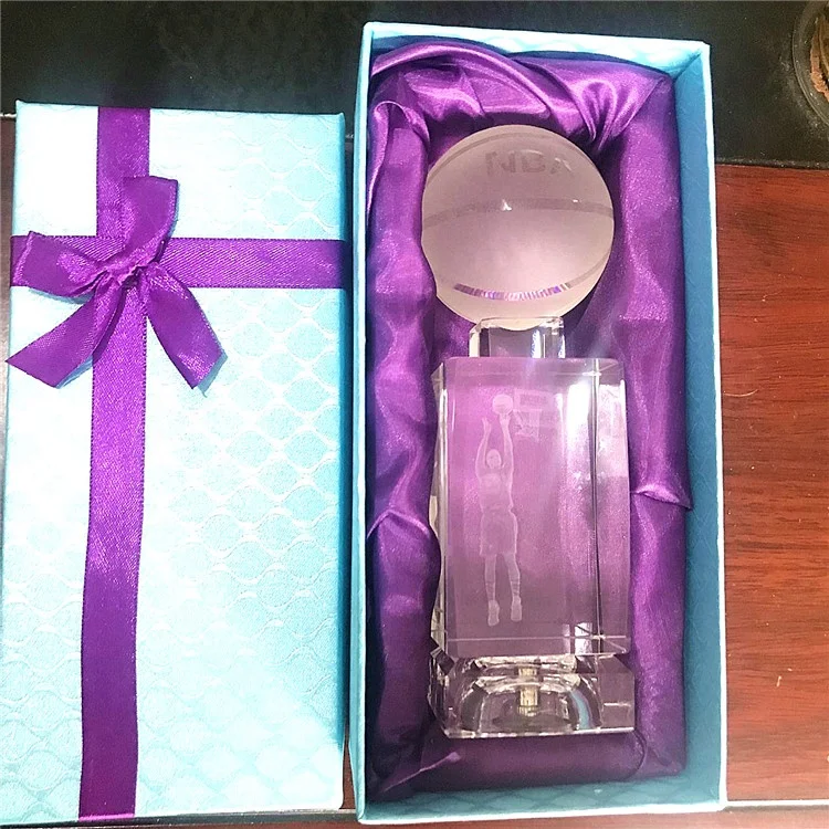 Wholesale Basketball Award Souvenirs 3d Laser Engraved Crystal Glass Cube With Led Light Base