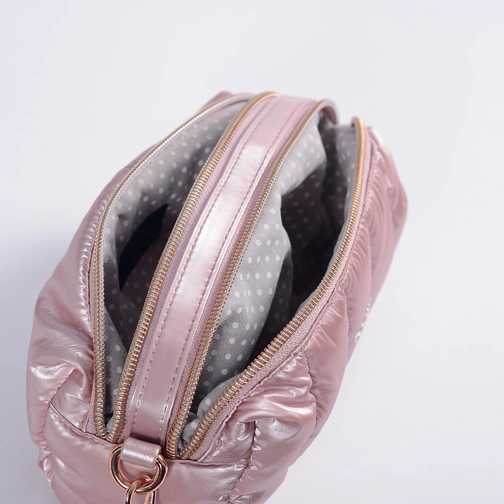 female small size handbag rose pink luxury color shining fabric zipper handbag 2 separate compartment metal buckle