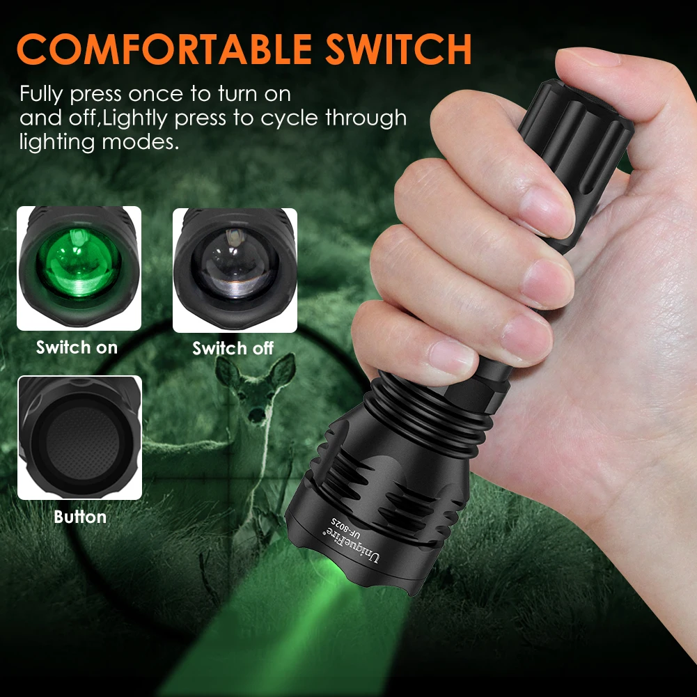 UniqueFire UF-802S KP CSLPM1.F1 GREEN LED Matte black 10W green light tactical flashlight cable remote for hunting flashlight