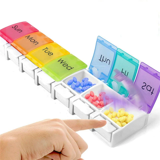 Hot Sale Wholesales 7 Day 7 Compartment Organizer 7 Compartments Sliver Button Colorful Pill Box