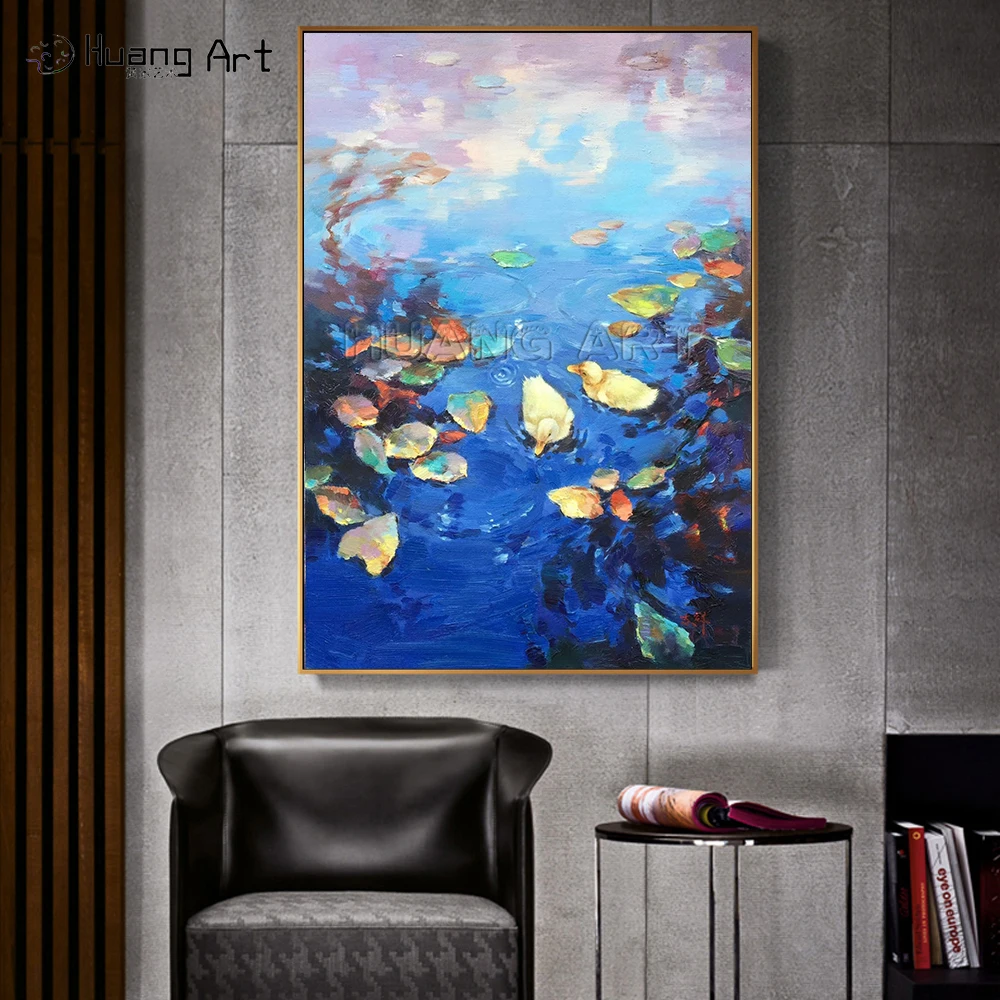 Hand-painted Landscape Oil Painting on Canvas Two Little Ducks Playing in the Sapphire Blue Lake Oil Painting for Wall Decor