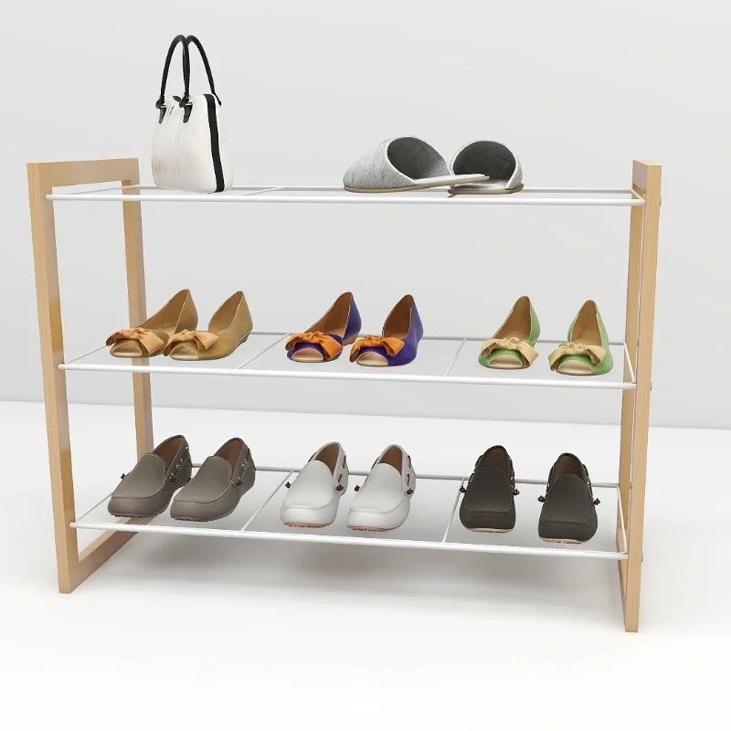 4-Tier shoe rack wooden, Industrial Shoe Storage Organizer with 3 Metal Mesh Shelves, Ideal for Entryway, Hallway, Bedroom