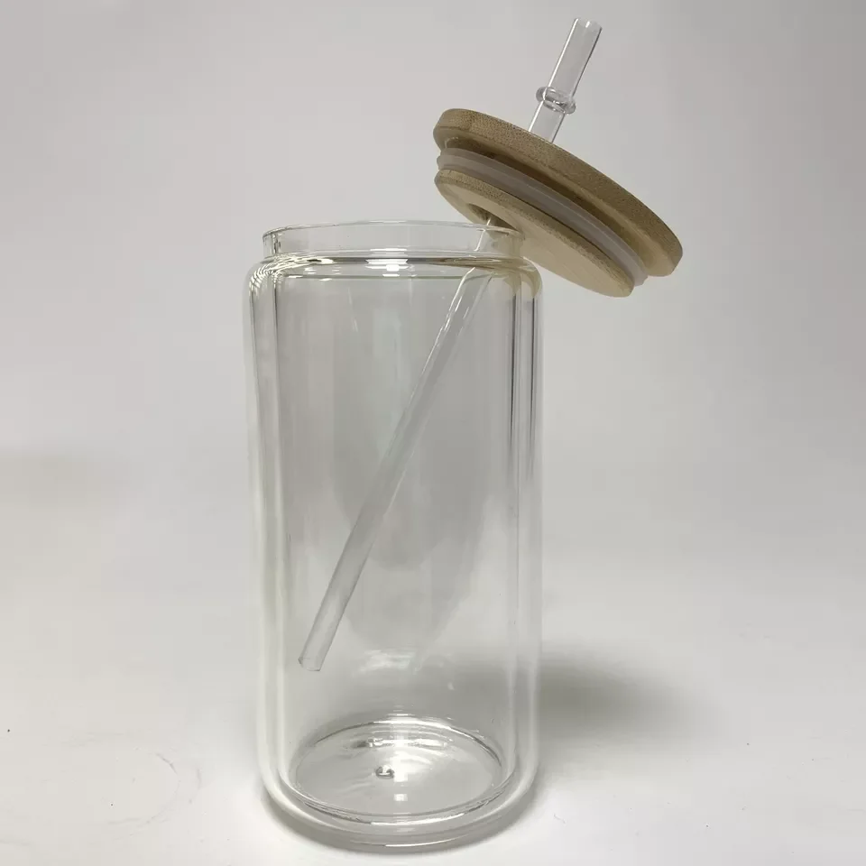 USA warehouse glitter clear beer Can Shaped pre drill 16oz 20oz blank sublimation double walled snow globe glass can cups