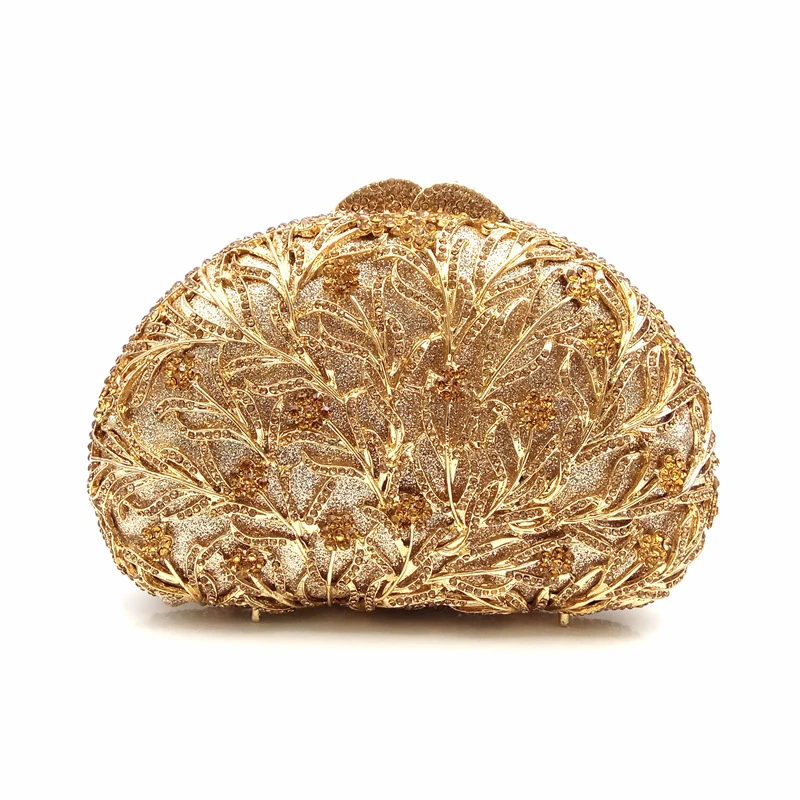 New  Elegance Dazzling Women Gold Crystal Purse Evening Clutch Bag Bridal Flower Handbag Wedding Party Metal Clutches Beaded Bag