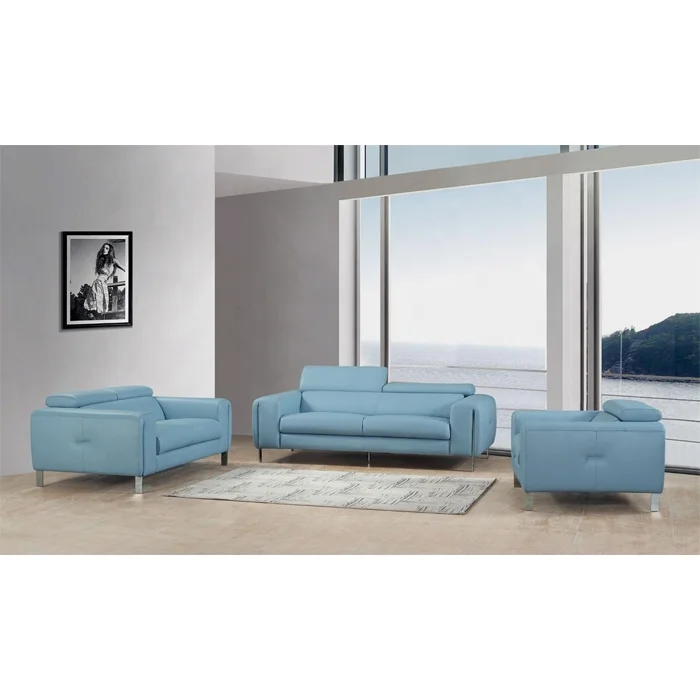 Latest living room sofa design furniture light blue leather sofa