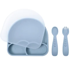 Food Safety Grade Rainbow Soft Silicone Baby Dinner Plate With Silicone Spoon Fork 3 Piece Tableware Set For Kids Toddlers