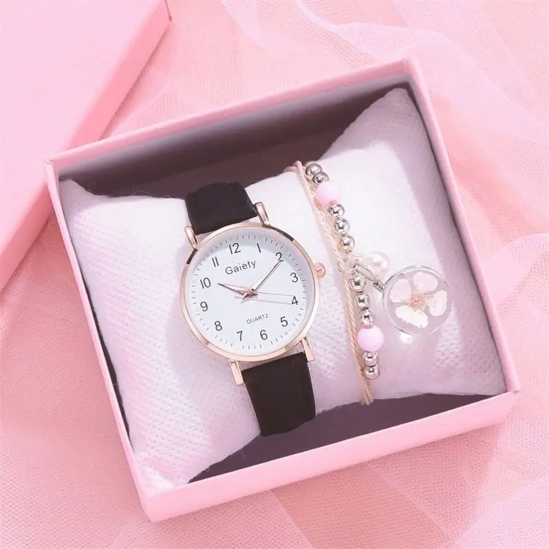 2024 Hot Sale Women Ladies Fashion Leather Strap Round Diamond Quartz Wrist Bracelet Watches Gift Set