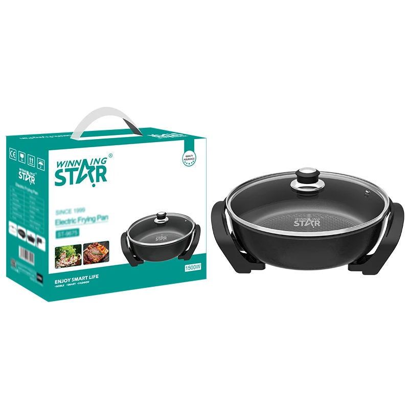 WINNING STAR 1500W Nonstick Electric Skillets ST-9675 Die Casting Aluminum Frying Pan with 5-Step Temperature Knob Glass Lid