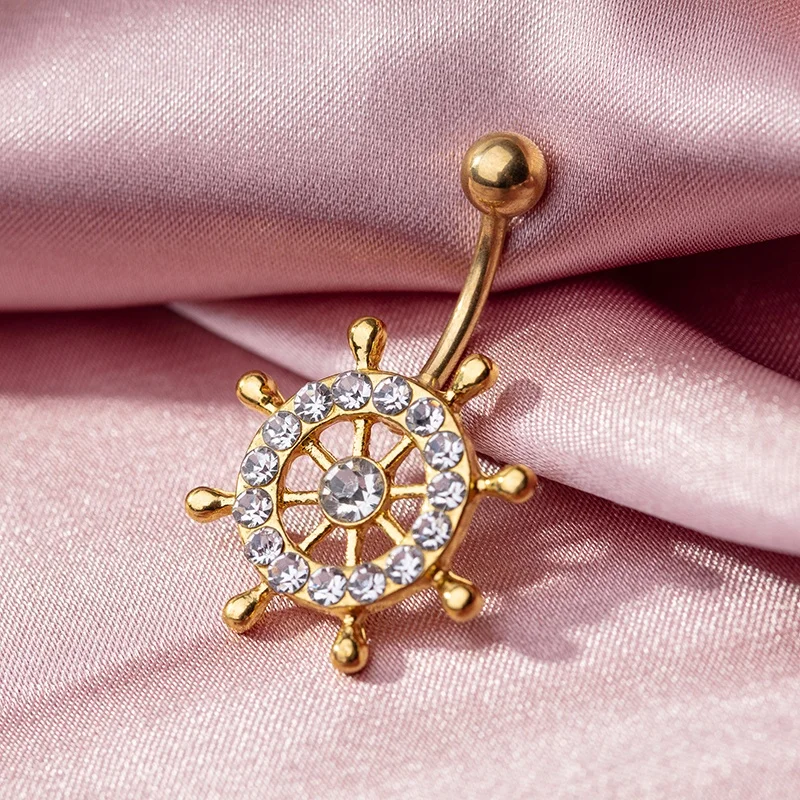 Surgical Steel CZ Navel Piercing Gold Belly Button Ring Jewelry, Anchor Rudder Design Belly Piercing Jewelry