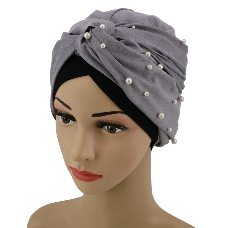 Wholesale High Quality easy to wear hijab turban with pearl New fashion turkey suede turban head scarf women instant hijab cap