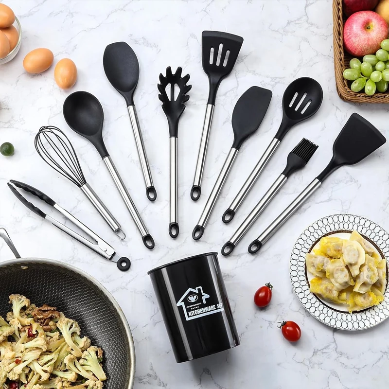 Cookware Food Tong Slotted Spatula Soup Ladle Stainless Steel Silicone Cooking Utensil Non-stick Kitchen Utensil Set with Holder