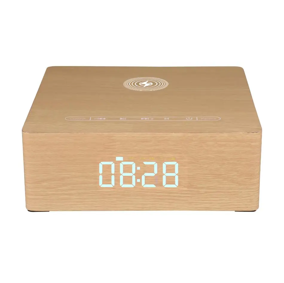 Support Tf Card U Disk Playing Wooden Bluetooths Speaker With LED Alarm Clock And Wireless Charging Charger