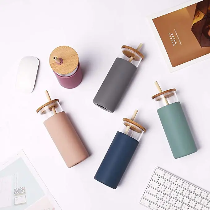 Borosilicate Glass Tumbler Cups with Bamboo Lids and Straws Reusable Cute Travel Tumbler Dishwasher Safe with Silicone Sleeve