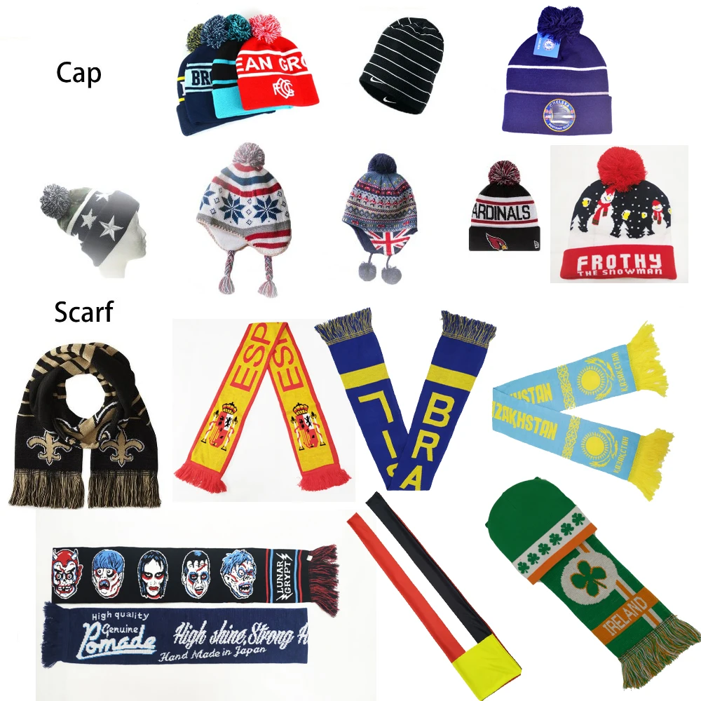 Custom festival knitted  jacquard acrylic fan scarfs with fringes and customized logo beanie in set