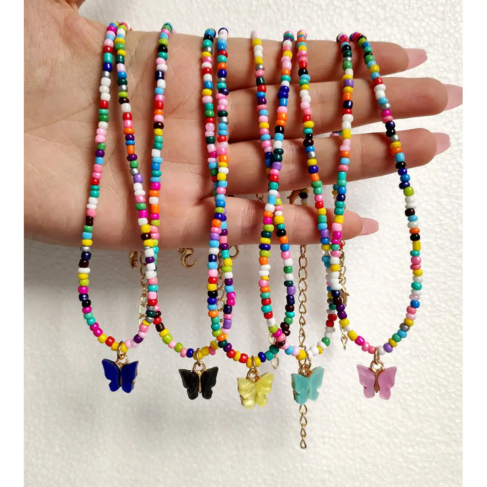 Amazon Best Sale 2022 Most Popular Multi Color Glass Charm Luxury Woman Statement Lady Collar Butterfly Pendant Cute Necklace
