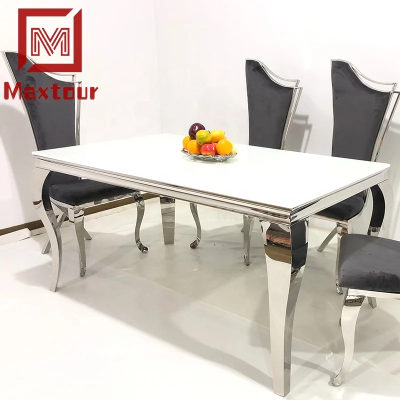 Banquet furniture tables stainless steel glass chrome silver louis dining table set 6 chairs