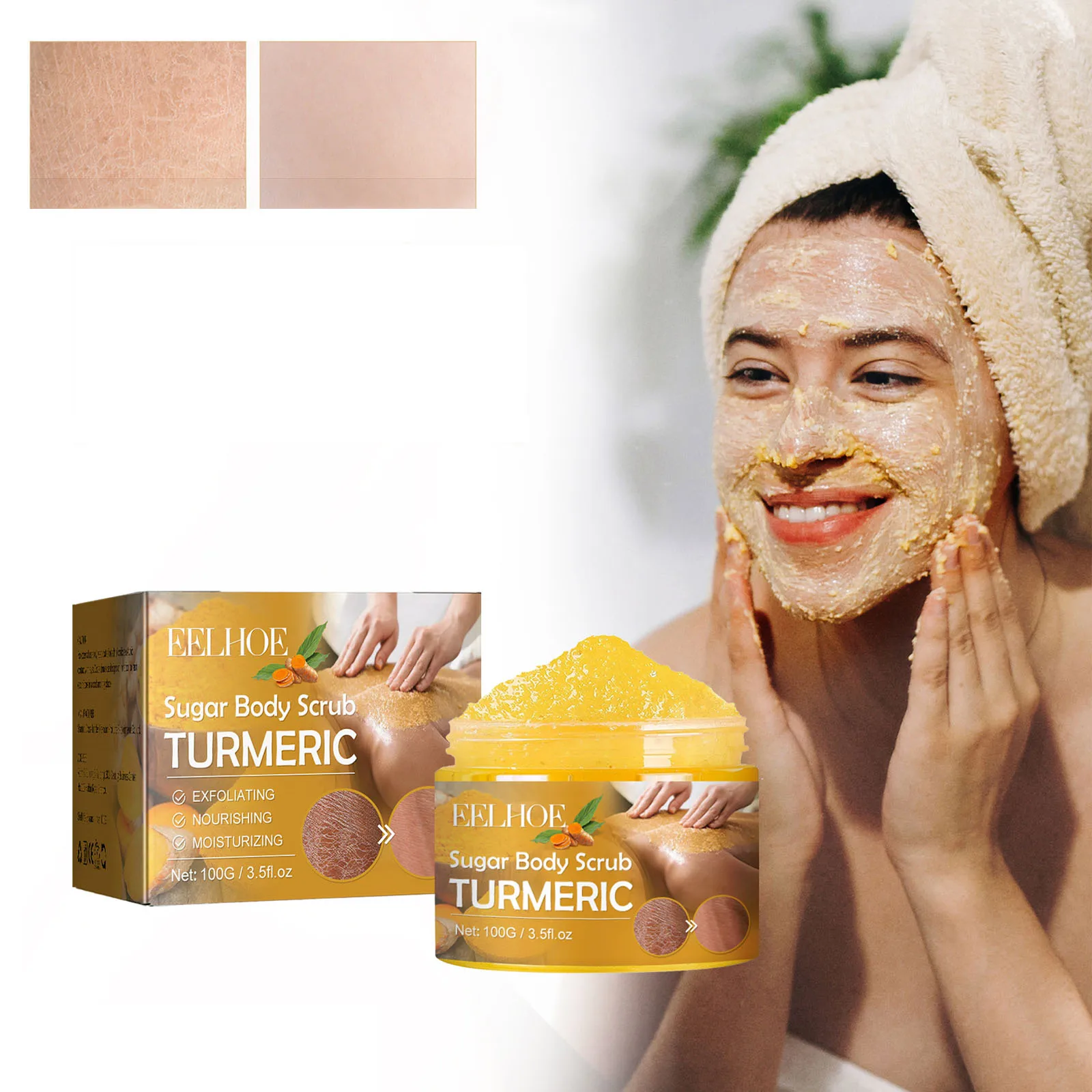 Turmeric body scrub cleanses body keratin, reduces acne marks, moisturizes, refreshing, smooth, and tender skin