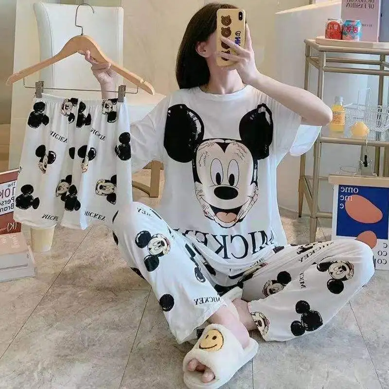 New Nightwear Cotton Short Sleeve Pajamas Cartoon Mickey Three-piece Suit Home Wear for Women