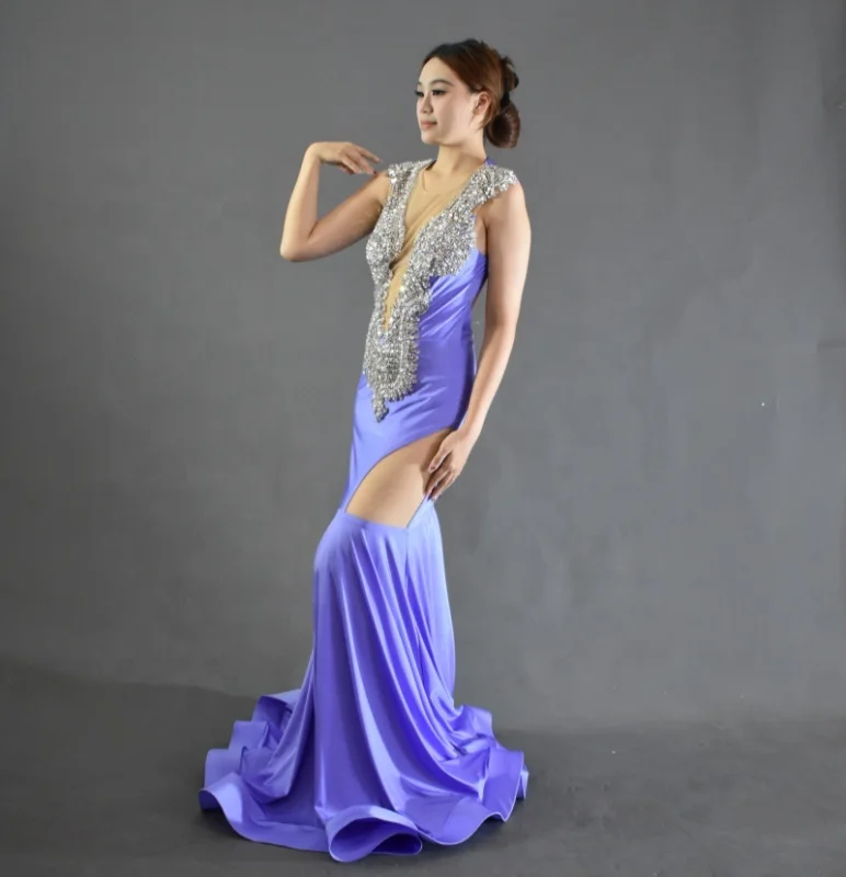 Hot Selling Elegant Satin Evening Ball Dress Handmade Beaded Ribbon Diamond Pleat Decoration Fish Tail Style Sweep Train