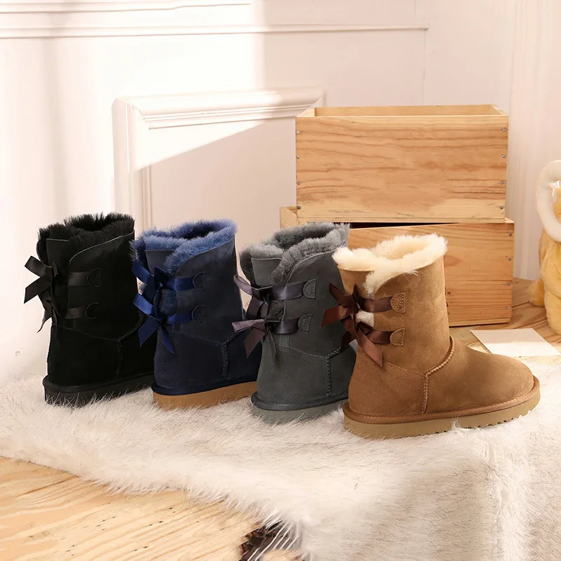 Wholesale Casual Waterproof Bowknot Fur Soft Genuine Leather Custom Platform Shoes Double Bow Snow Ladies Winter Boots for women