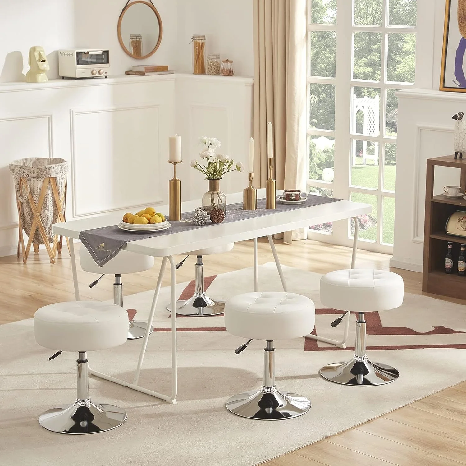 Round Ottoman Tufted PU Leather Vanity Chair Custom 360 Swivel Vanity Stool Modern White Vanity Chair For Powder Room