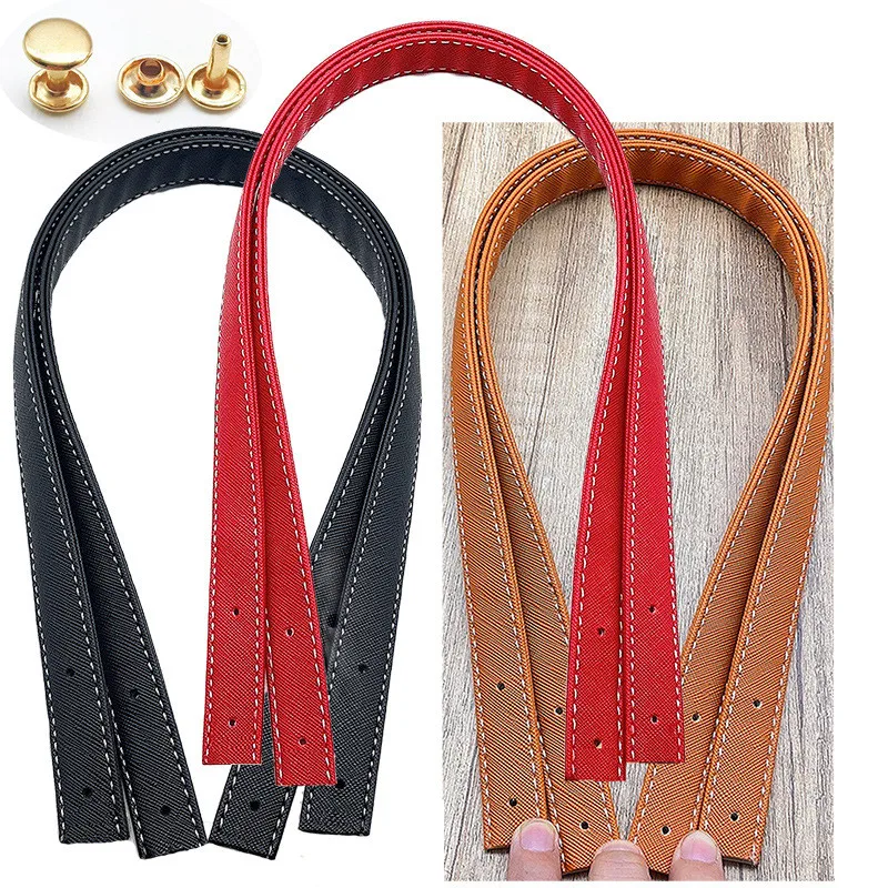 60cm PU Leather Bag Handles Purse Strap Replacement 2mm Wide with Rivets Shoulder Bag Handbag Making Supplies