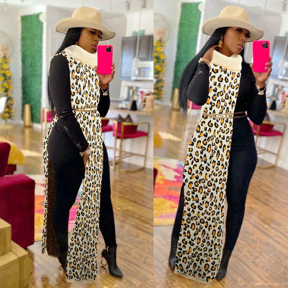trending products 2021 new arrivals Fashion Sexy two sided split knitted fabric Leopard print sweater dress women clothing