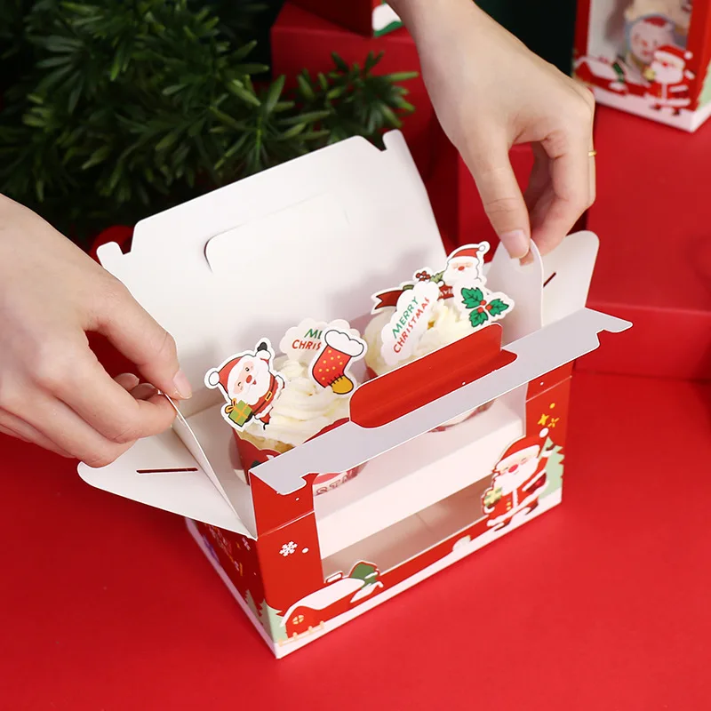1 2 4 6 holes Christmas cupcake box with inserts Eve Whosale packaging mini cake boxes with handle window
