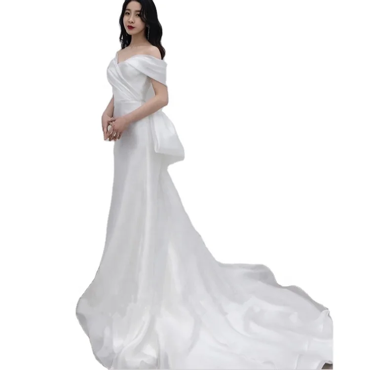 Французское легкое свадебное платье Sen, простая атмосфера, супер сказочное свадебное платье в стиле принцессы, сатиновое свадебное платье с одним открытым плечом и хвостом