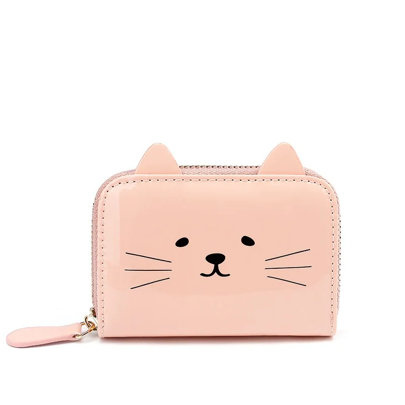 Boshiho RTS Cute plush cat pattern girls leather wallet card holder zipper coin sorter purse