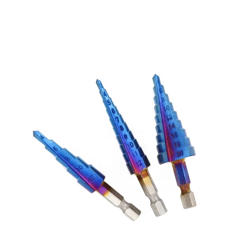 
3pcs blue nano coated HSS metric size straight flute step drill bit set for metal drilling 