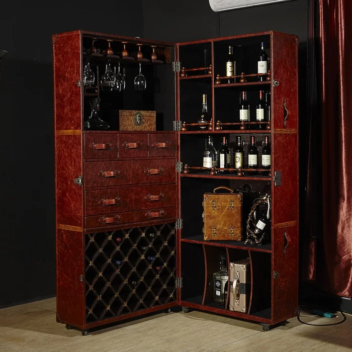 wine cabinet wood tall full top grain leather 2doors living room whisky display cabinet for hotel VIP room villa house