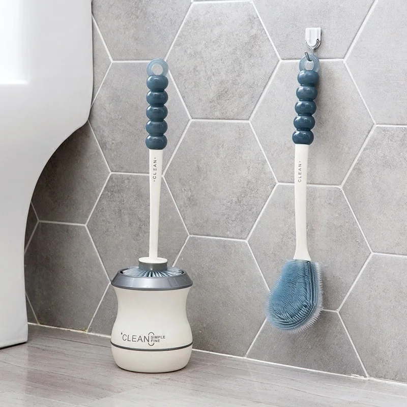 Bathroom Plastic Round Soft Long Handle Toilet Clean Bristles Scrubber Holder Silicone Brush Set