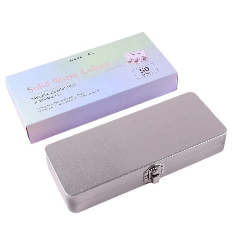 Glitter 50 Colors Solid Watercolor Set High Quality Pearlescent Paints  with Brushes in case Watercolor Pigment for Art Drawing