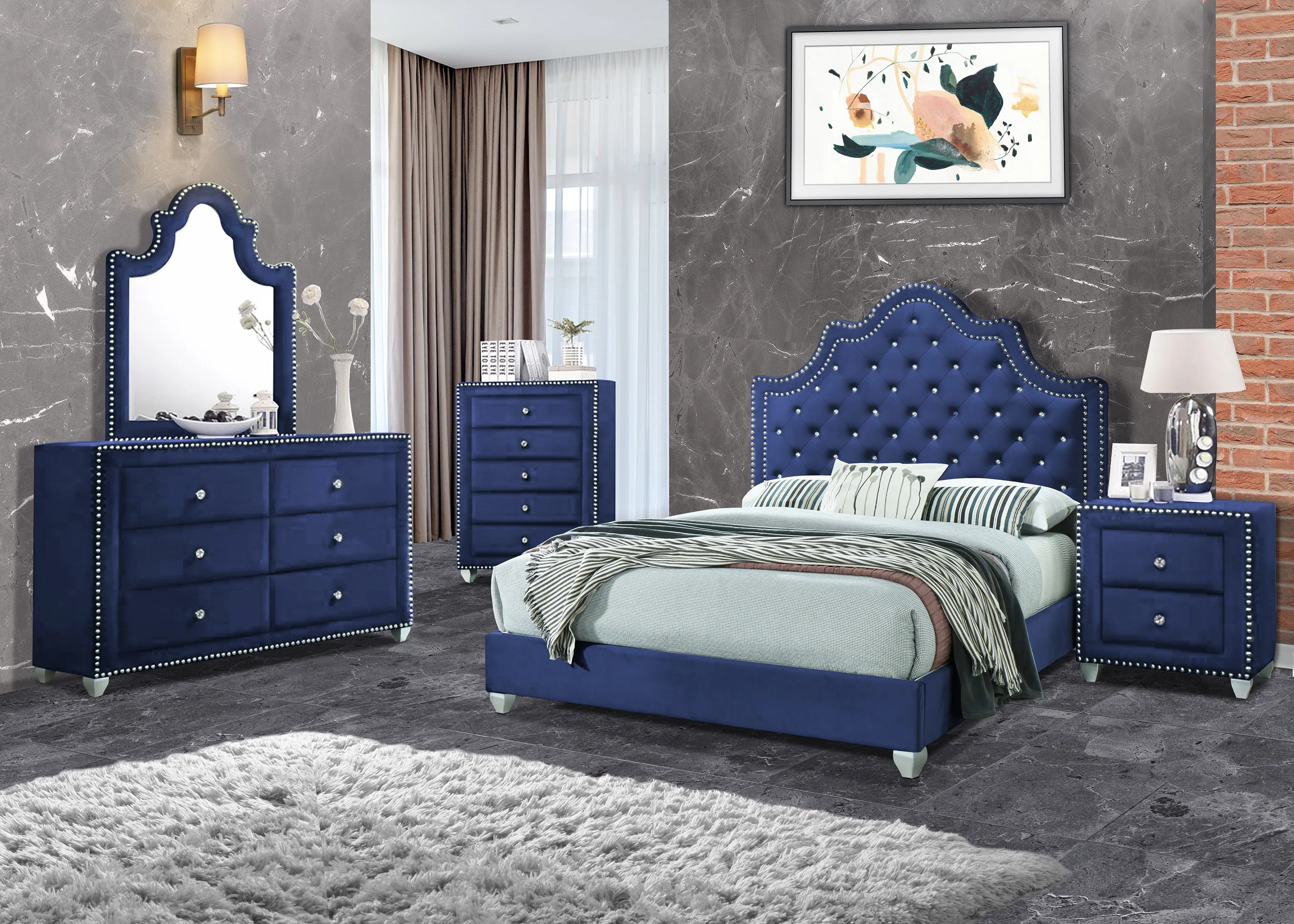 Morgan 5 Pcs Upholstered Bedroom Queen Set Velvet Blue Bed/ Dresser/ Chest Of Drawer/ Night Stand And Mirror With Studding