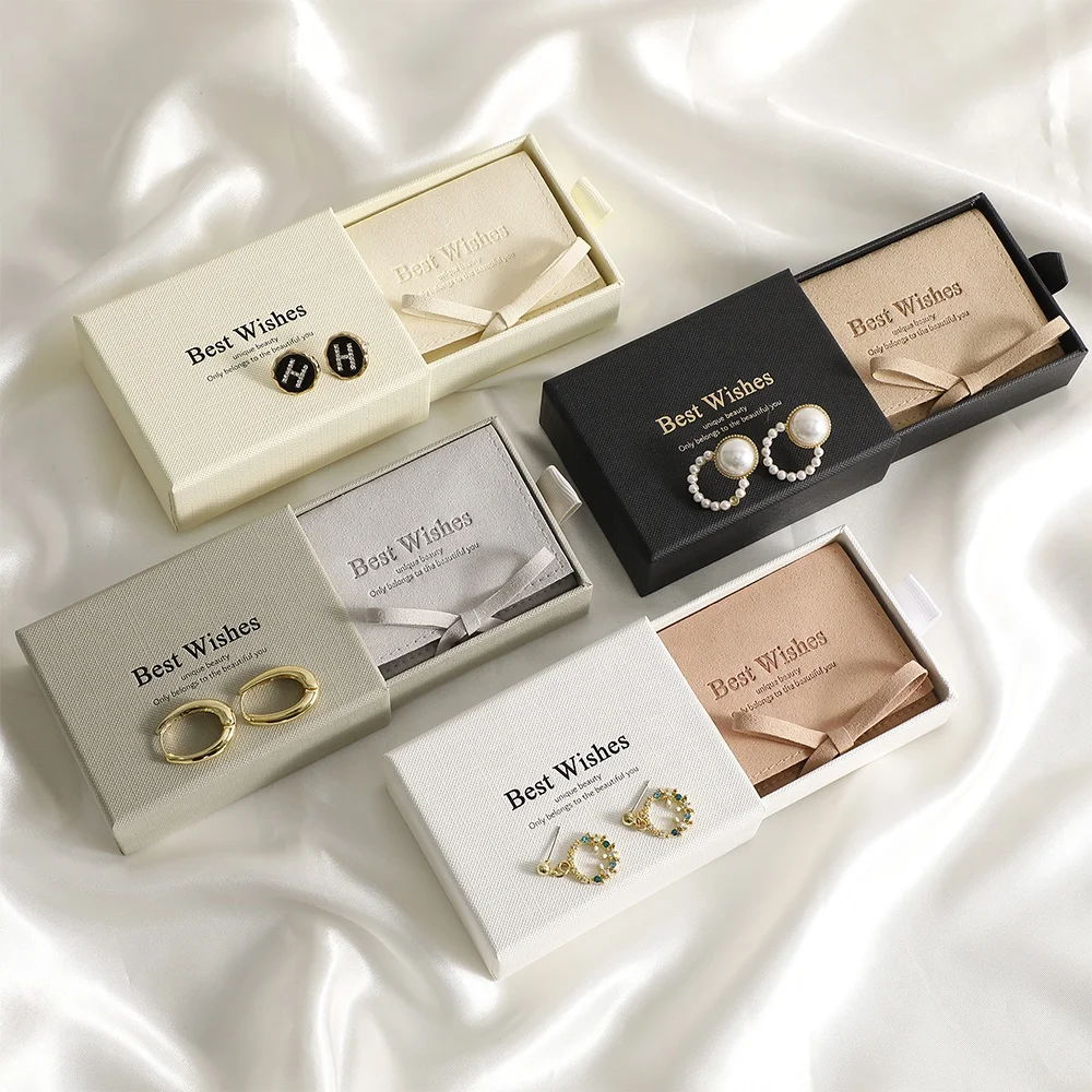 PUPPYSEW custom logo 9*7cm Box and Pouch packaging Jewelry Box  Microfiber Jewelry Bag Pouch Necklace Earring Drawer sliding Box