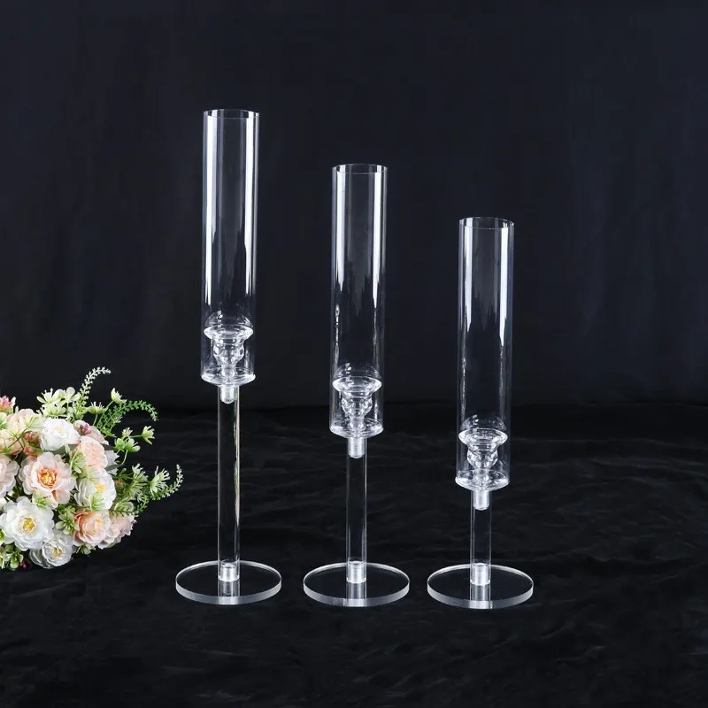 Wholesale 3 in 1 set Clear Table Stemmed Acrylic Tealight Candle Holders Long Stem  Acrylic Candle Holder