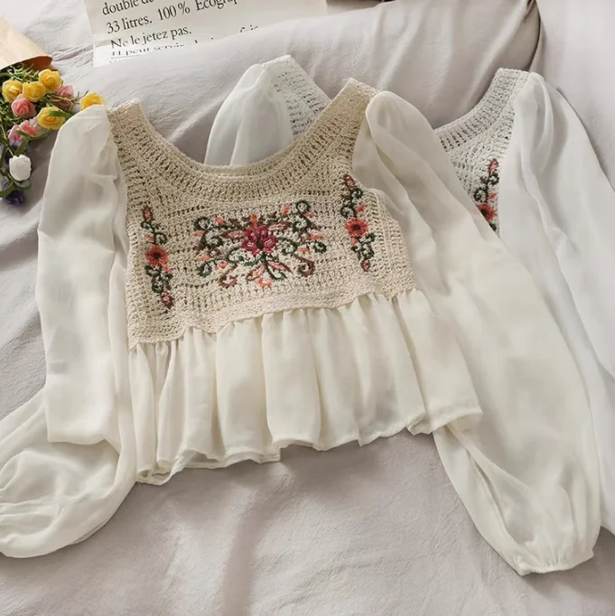 2023 Women Vintage solid knitting V-neck Embroidery Hollow Out long Sleeve Blouses and Shirts For Lady Tops Clothing