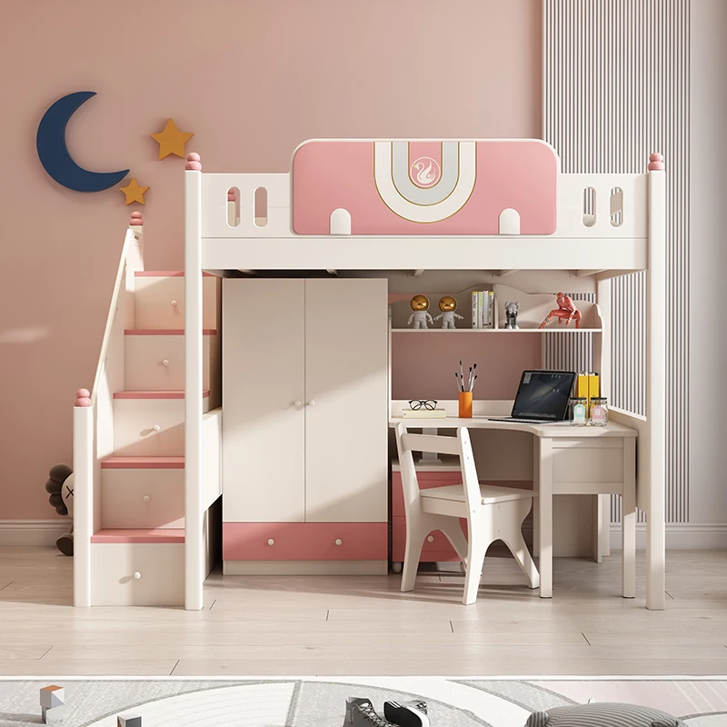 Hotel bedroom elevated bed furniture set desk wardrobe combination bed assembled cartoon style room