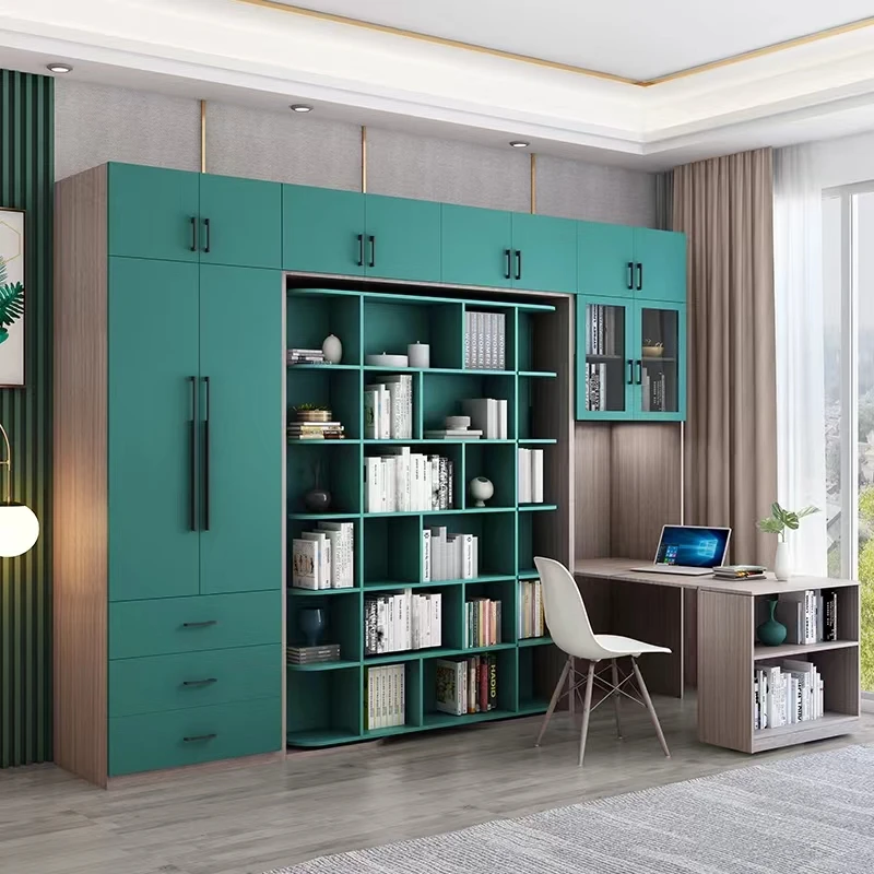 Wooden Rotating invisible folding bed combination multi functional wardrobe cabinets desk bookcase wall Murphy bed
