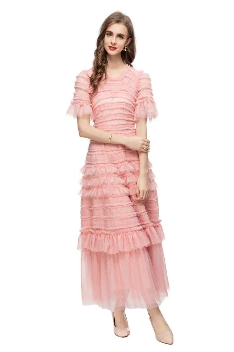 Ball Gown Party Evening Women Long Dress 2024 Summer Autumn Ladies Polka Dot Prints Cascading Ruffle Mesh Blue Pink Beige Dress