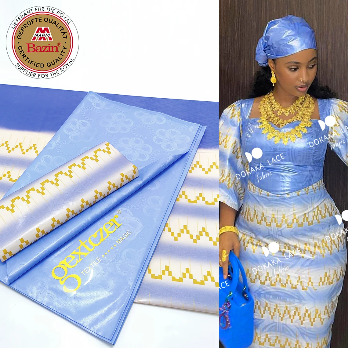 2.5 Yards Prints Bazin With 2.5 Yards Plain Baizn Riche Original Nigerian Women Wedding Party Sewing Material 100% Cotton Basin