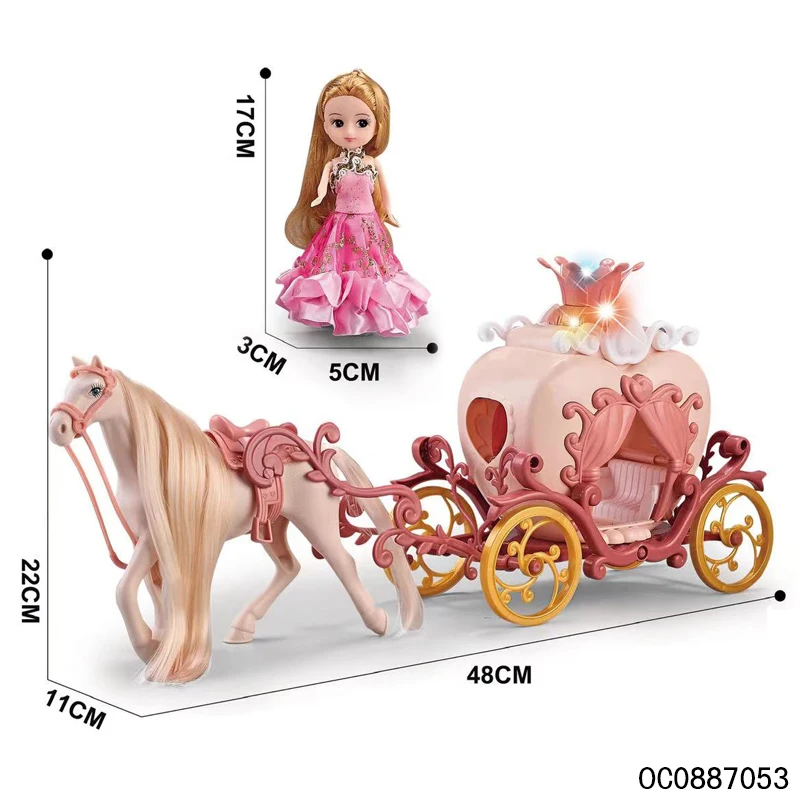 Lighted up battery operated princess horse and carriage toy with doll for kids