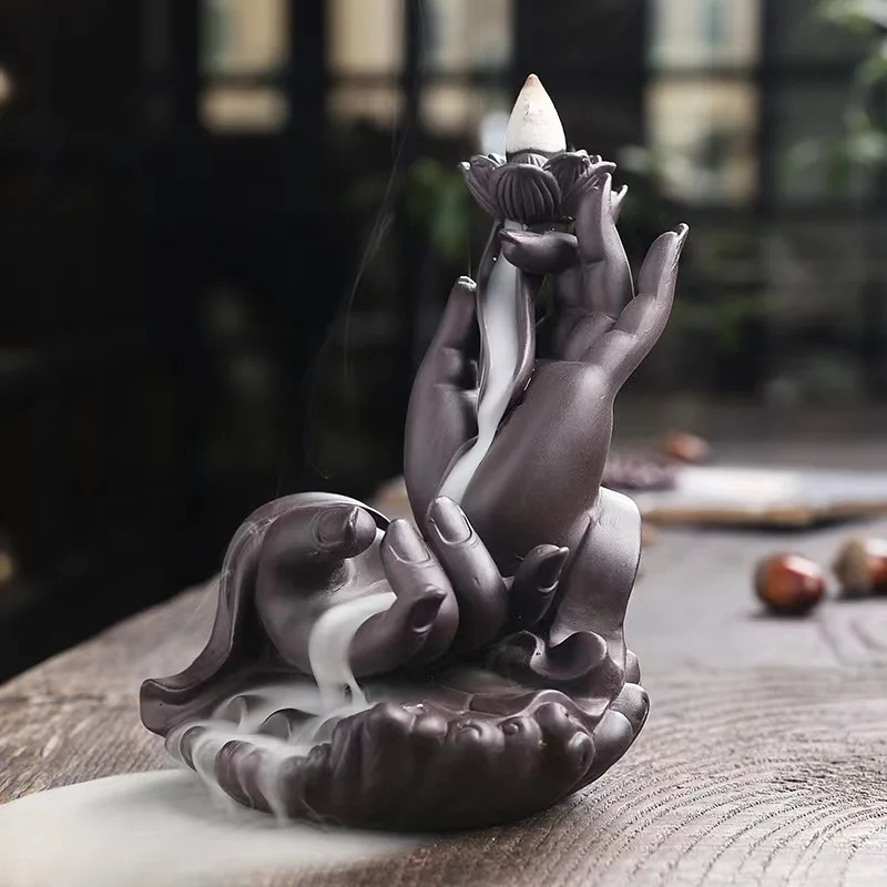 New Arrivals Purple Sand Buddha Hand Incienso Holder Flower Lotus Smoke Backflow Censer Ceramic Incense Burner